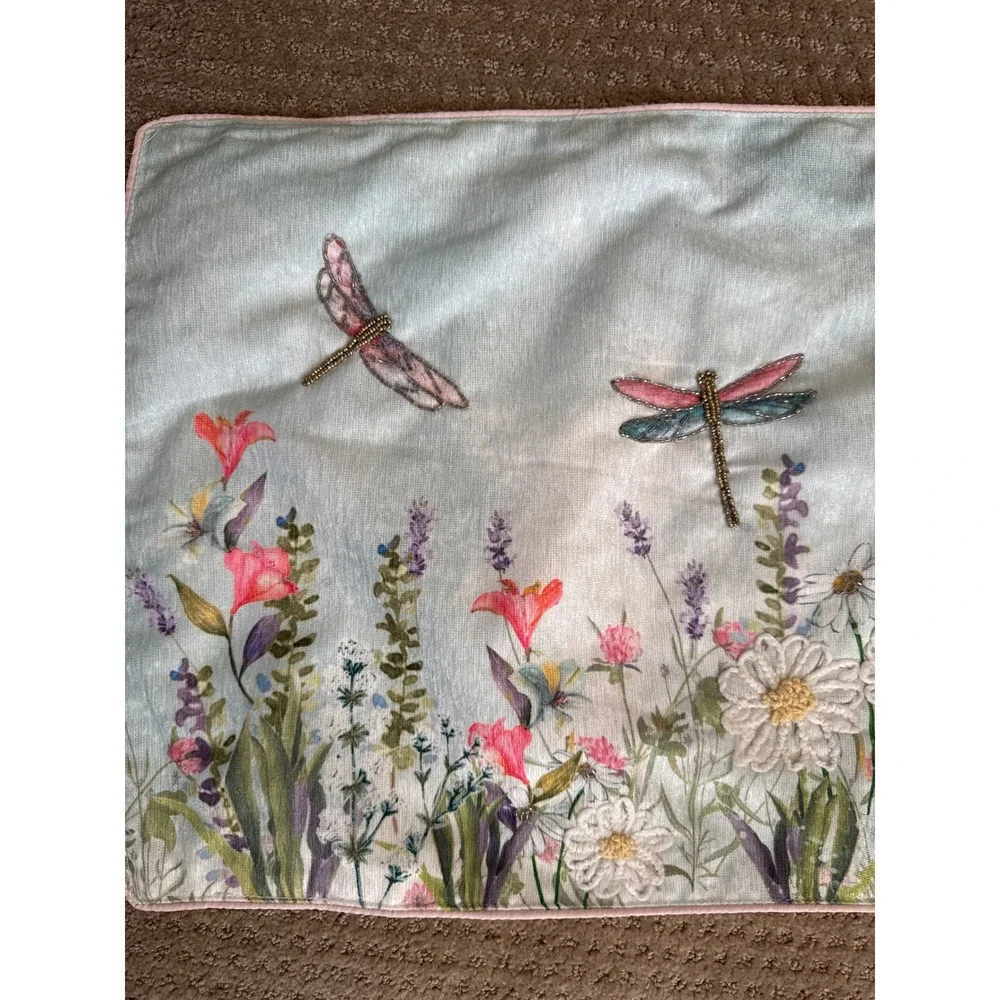 Floral Dragonfly Beaded Embroidered Table Runner Light Blue 14x72 Pink Piping